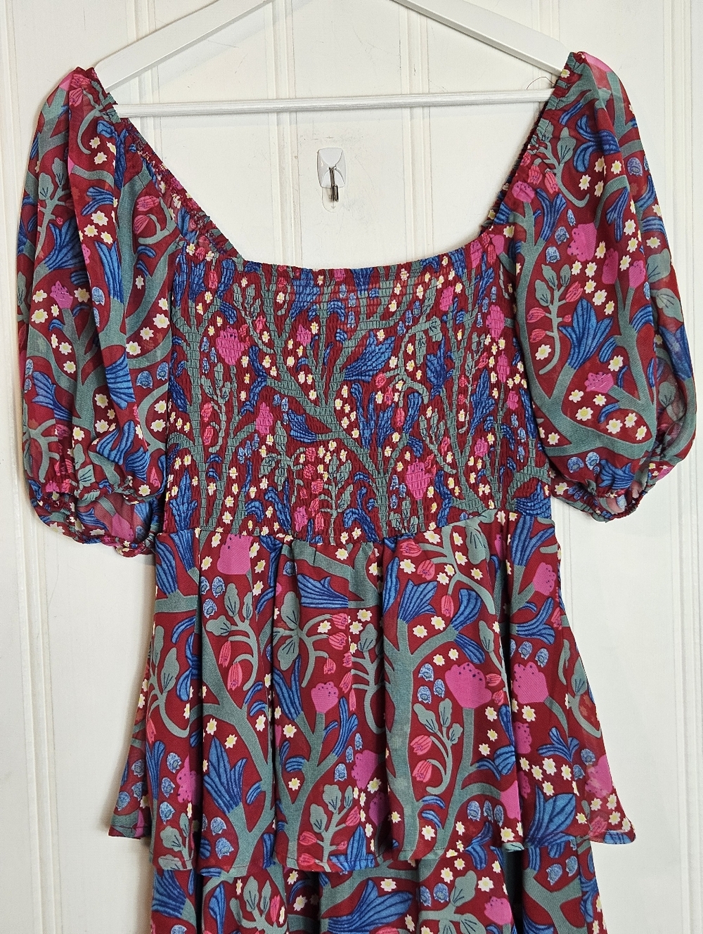 Entro Floral Tiered Maxi Dress L Puff Sleeve Smocked Cottagecore Boho - Picture 3 of 16